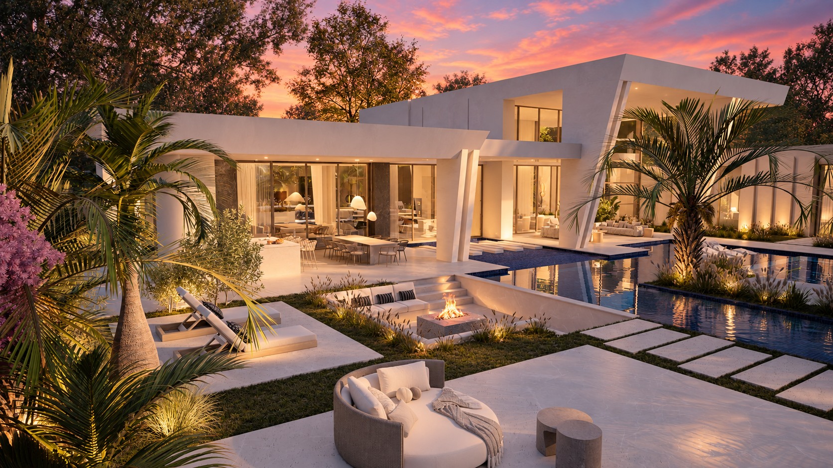 Villa Luna terrace, fire pit and pool at twilight